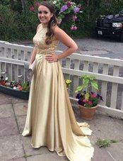 Excellent Gold High-neck Zipper Sequins Dress for Prom Brush Train Sleeveless