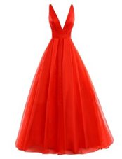 Custom Made Orange Zipper V-neck Pleated Prom Evening Gown Organza Sleeveless Brush Train