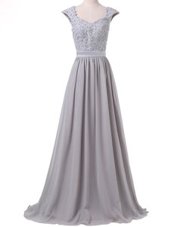 Clearance Scoop Cap Sleeves Floor Length Lace Up Mother Of The Bride Dress Grey and In for Prom with Lace and Pleated