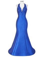 Mermaid Halter Top Beading Prom Dresses Royal Blue Lace Up Sleeveless Floor Length