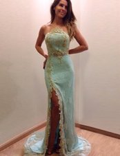 Hot Sale Turquoise Zipper Scoop Beading Dress for Prom Lace Sleeveless Brush Train