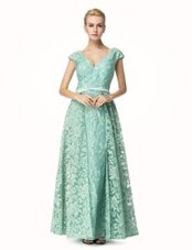 Best Selling Lace Cap Sleeves Pleated Zipper Evening Dress with Turquoise