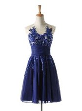 Royal Blue A-line Scoop Sleeveless Chiffon Knee Length Backless Appliques Homecoming Dress