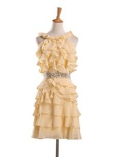 Ideal Halter Top Sleeveless Prom Dresses Knee Length Beading and Ruffles Yellow Chiffon