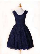 Modest Lace V-neck Sleeveless Zipper Lace Hoco Dress in Blue and Navy Blue