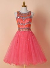 Edgy Tulle Scoop Sleeveless Zipper Beading Prom Evening Gown in Watermelon Red