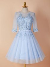 Discount Light Blue Backless Scoop Appliques Organza Half Sleeves