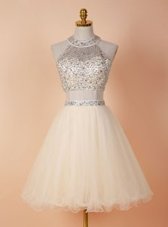 Cheap Champagne Backless Scoop Beading Dress for Prom Tulle Sleeveless