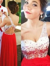On Sale One Shoulder Red Backless Military Ball Gowns Beading Sleeveless Floor Length