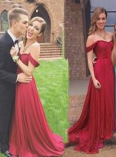 Off the Shoulder Chiffon Sleeveless Floor Length Celebrity Prom Dress and Ruching