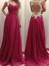 Custom Fit Burgundy Sleeveless Appliques Floor Length Prom Dress
