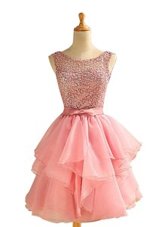 Pink Chiffon Lace Up Scoop Sleeveless Knee Length Dress for Prom Lace and Ruching