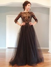 Admirable Black Bateau Neckline Beading and Lace Mother Of The Bride Dress 3|4 Length Sleeve Backless