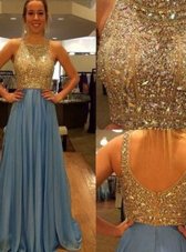 Trendy Blue A-line Scoop Sleeveless Chiffon With Brush Train Zipper Sequins Prom Party Dress