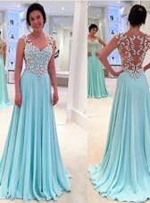 Delicate Sweetheart Sleeveless Formal Dresses Floor Length Appliques Baby Blue Chiffon