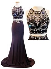 Traditional Scoop Black Two Pieces Beading and Appliques Prom Dress Zipper Chiffon Sleeveless With Train