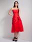 Red A-line Strapless Tea-length Taffeta and Tulle Hand Made Flowers Prom Dress
