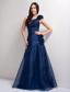 Navy Blue A-line One Shoulder Floor-length Tafeta and Organza Hand Made Flowers Prom Dress