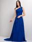 Customize Peacock Blue A-line One Shoulder Ruch Bridesmaid Dress Court Train Elastic Wove Satin and Chiffon