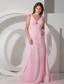 Exquisite Baby Pink Empire V-neck Beading Prom Dress Brush Train Chiffon