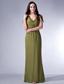 Olive Green Cloumn V-neck Floor-length Chiffon Ruch Bridesmaid Dress