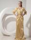 Gold Column V-neck Brush Train Taffeta Ruch Prom Dress