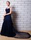Navy Blue A-line Straps Chapel Train Tulle Appliques Homecoming Dress