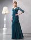 Turquoise Column V-neck Floor-length Chiffon Lace Prom Dress