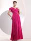 Modest Hot Pink Empire V-neck Prom Dress Chiffon Beading Floor-length