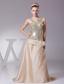 Hand Made Flower Decorate Sequin and Satin Champagne Brush Train 2013 Prom Dress