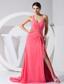 High Slit One Shoulder Beading Decorate Bodice Brush Train Watermelon Red 2013 Prom Dress
