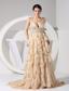 Embroidery and Ruffles Decorate Bodice Brush Train Champagne Straps 2013 Prom Dress