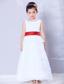 White and Red A-line Scoop Ankle-length Chiffon Sash Flower Girl Dress