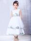 White A-line Scoop Tea-length Tulle and Taffeta Hand Made Flowers Flower Girl Dress