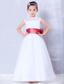 White and Coral Red A-line Bateau Ankle-length Organza and Taffeta Bow Flower Girl Dress