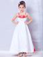 White and Red A-line Straps Ankle-length Satin Embroidery Flower Girl Dress