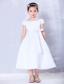 White A-line Scoop Tea-length Taffeta Beading and Bow Flower Girl Dress