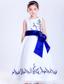 White and Blue A-line Scoop Ankle-length Satin and Organza Embroidery Flower Girl Dress