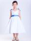White and Blue A-line V-neck Tea-length Taffeta Bows Flower Girl Dress