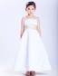 White A-line Straps Ankle-length Satin Beading Flower Girl Dress