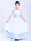 White and Light Blue A-line Scoop Ankle-length Taffeta Sash Flower Girl Dress