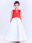 White and Red A-line V-neck Ankle-length Satin Bow Embroidery Flower Girl Dress