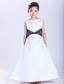 White and Black A-line Scoop Ankle-length Satin Embroidery Flower Girl Dress