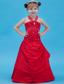 Red A-line Halter Floor-length Taffeta Beading Flower Girl Dress
