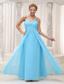 Beaded Decorate V-neck Ruched Bodice Aqua Blue Chiffon Prom / Evening Dress For 2013