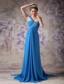 Blue Empire / Princess One Shoulder Prom Dress Brush Train Chiffon Beading