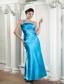 Affordable Teal Column Prom Dress One Shoulder Beading and Ruch Ankle-length Satin