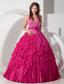Hot Pink Ball Gown Halter Floor-length Chiffon Embroidery Quinceanera Dress
