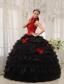 Red and Black Ball Gown Halter Floor-length Taffeta and Organza Hand Flowers Quinceanera Dress