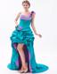 Teal and Lavender A-line One Shoulder Prom Dress High-low Taffeta Beading and Hand Made FLowers
